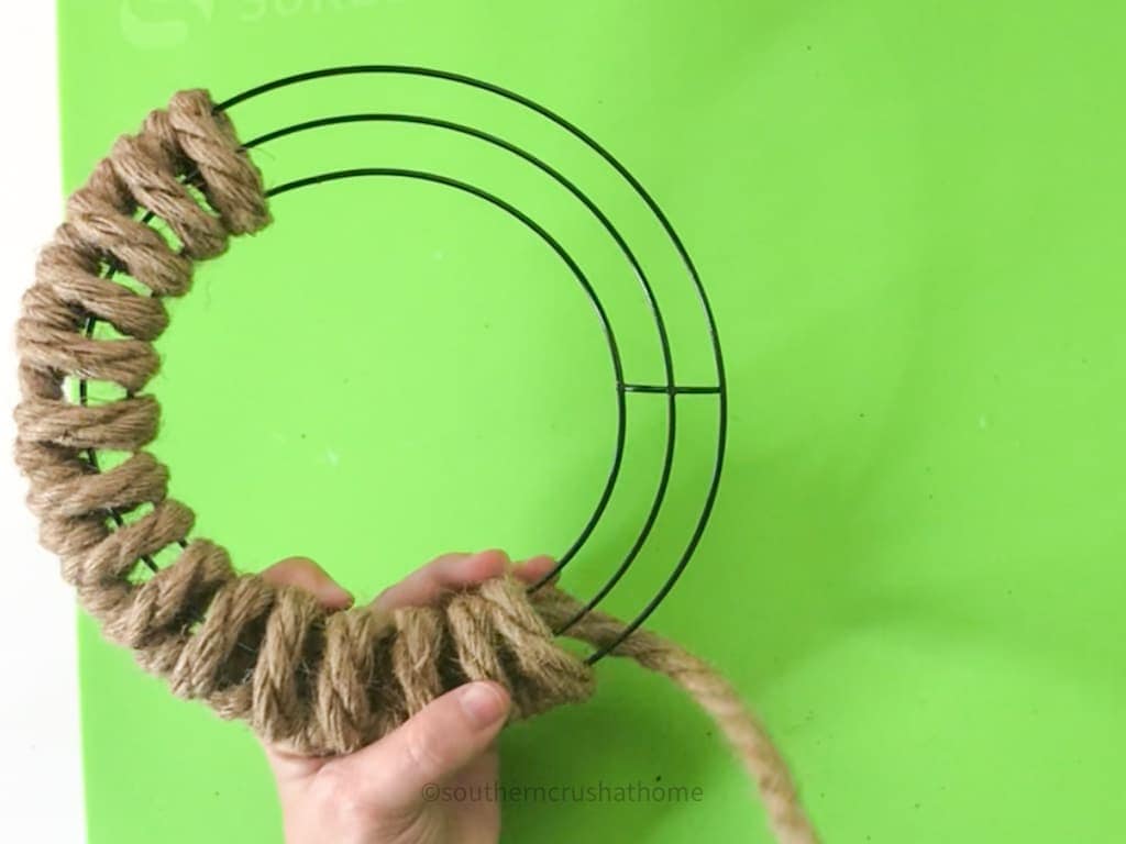 wrapping rope around wreath form