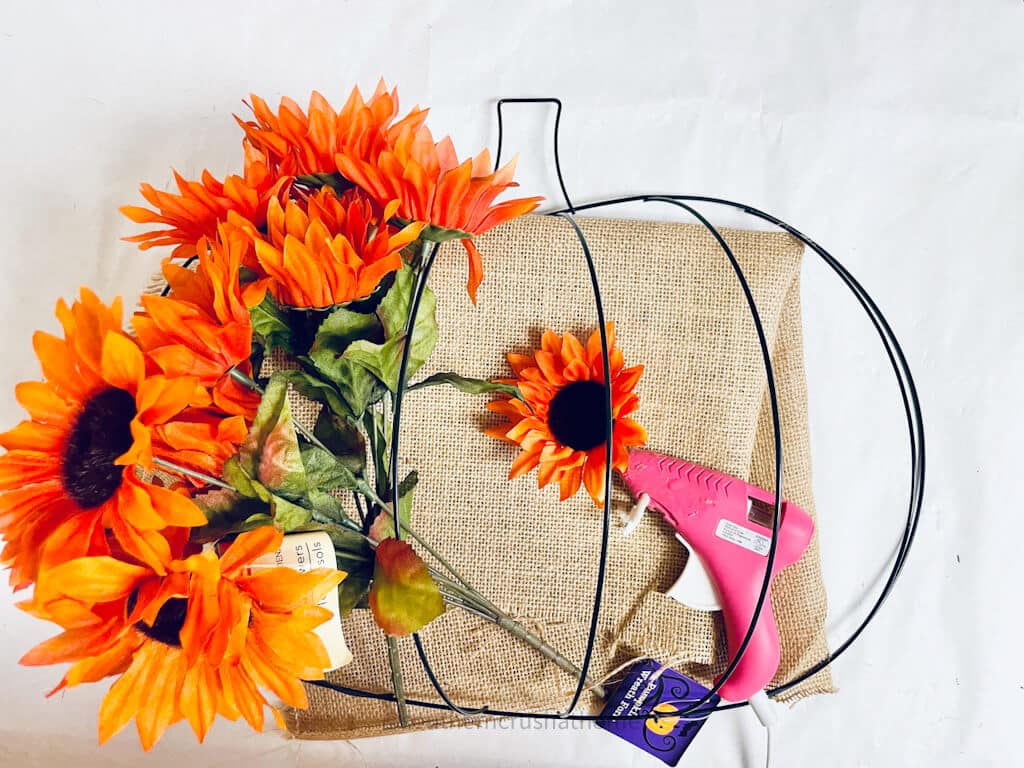 Supplies for Dollar Tree Pumpkin Wreath with Dollar Tree Flowers