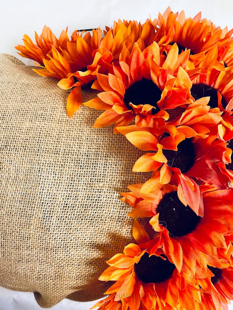 adding sunflowers to the pumpkin wreath form