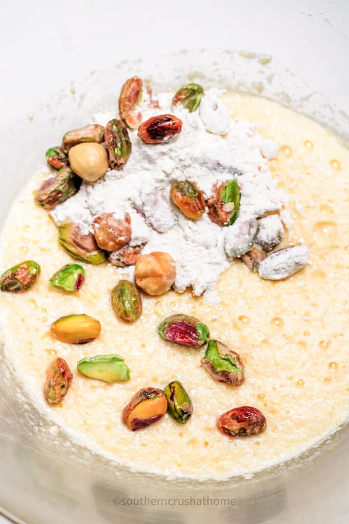 pistachios and flour mixing