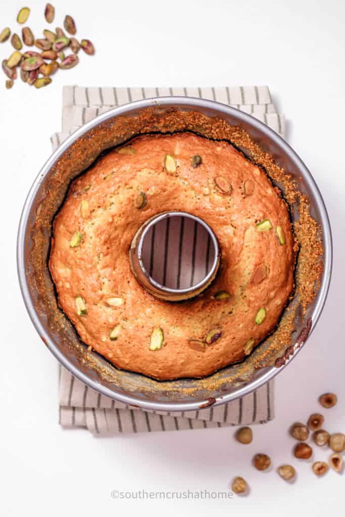 baked pistachio cake in bundt pan