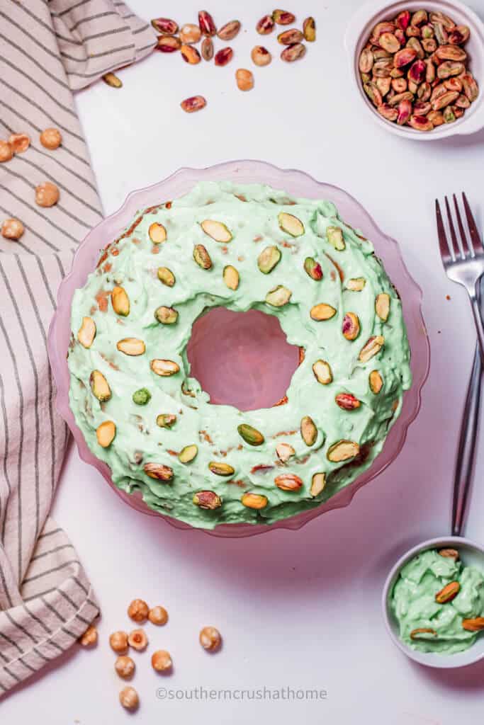 overhead view of pistachio cake