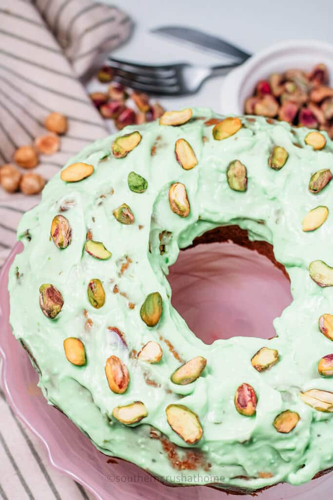 pistachio cake in a bundt pan final image