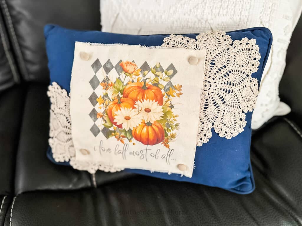 final image of diy pillow cover on pillow with doilies