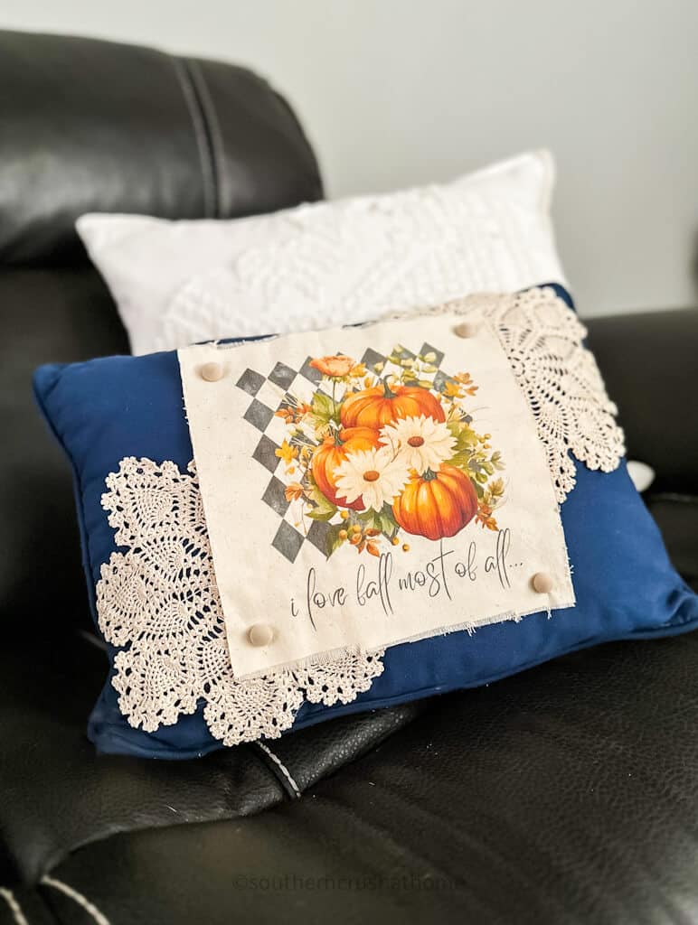 diy pillow cover on pillow with doilies