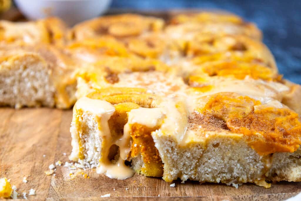 up close inside of pumpkin cinnamon rolls