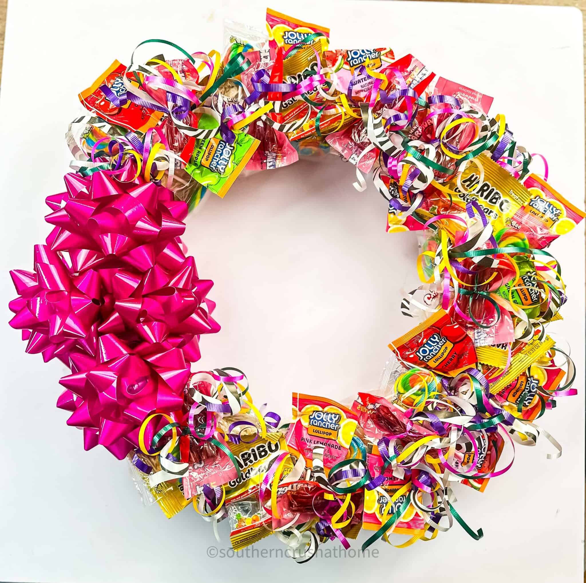finished candy wreath on white background