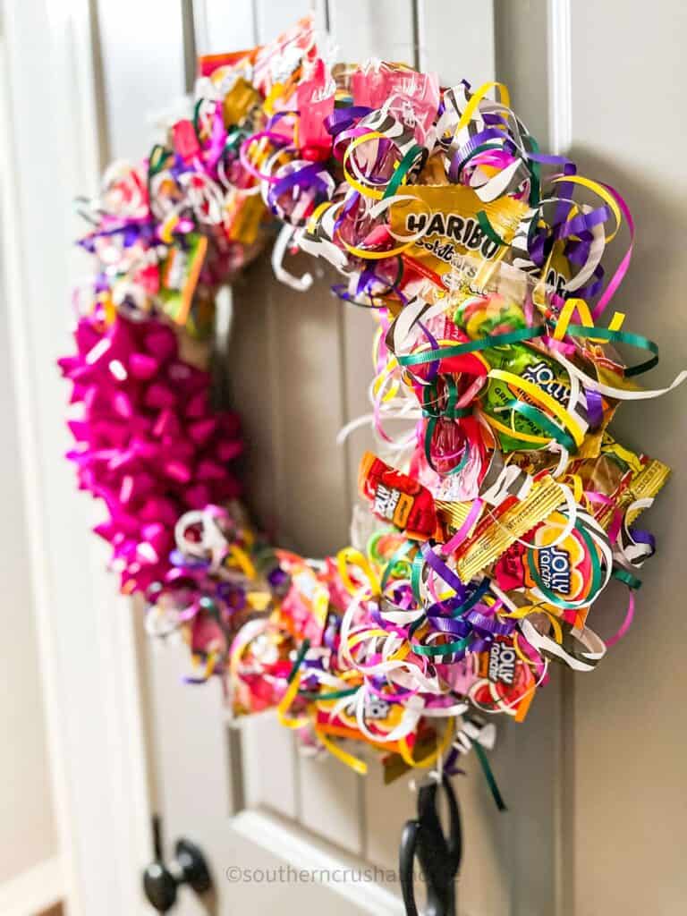 another view of halloween wreath with candy