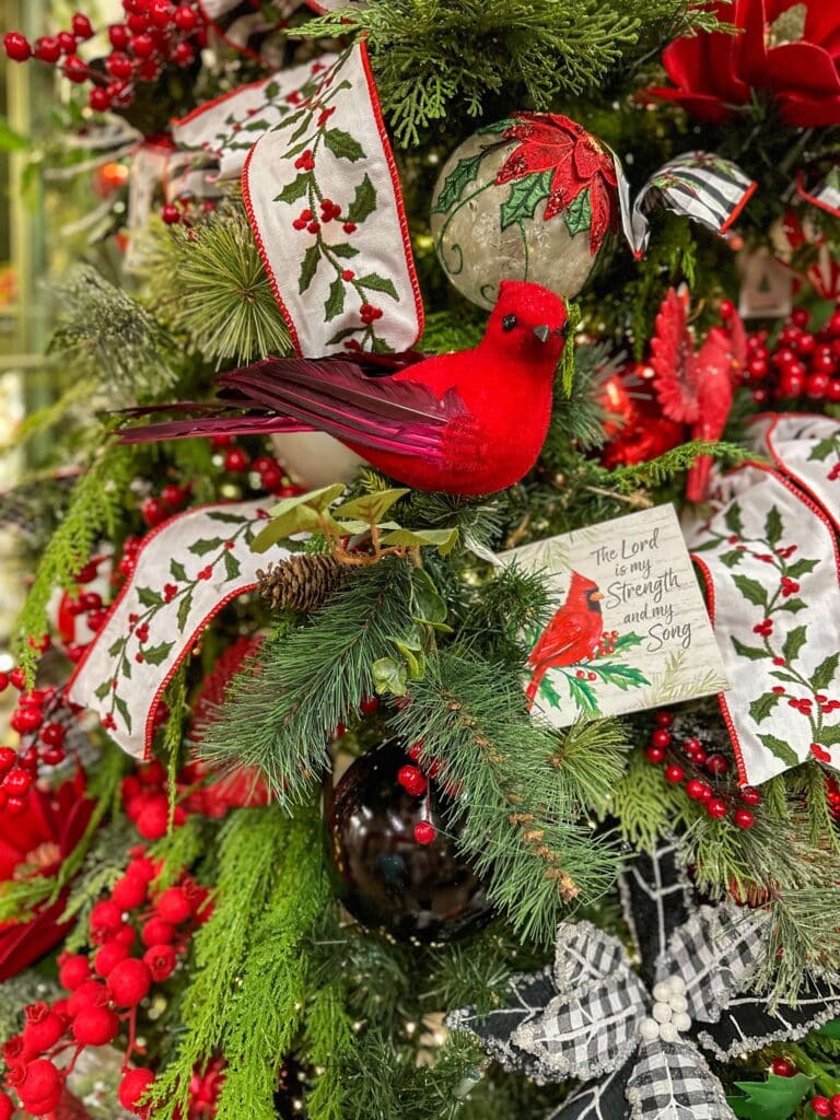 up close cardinal christmas tree