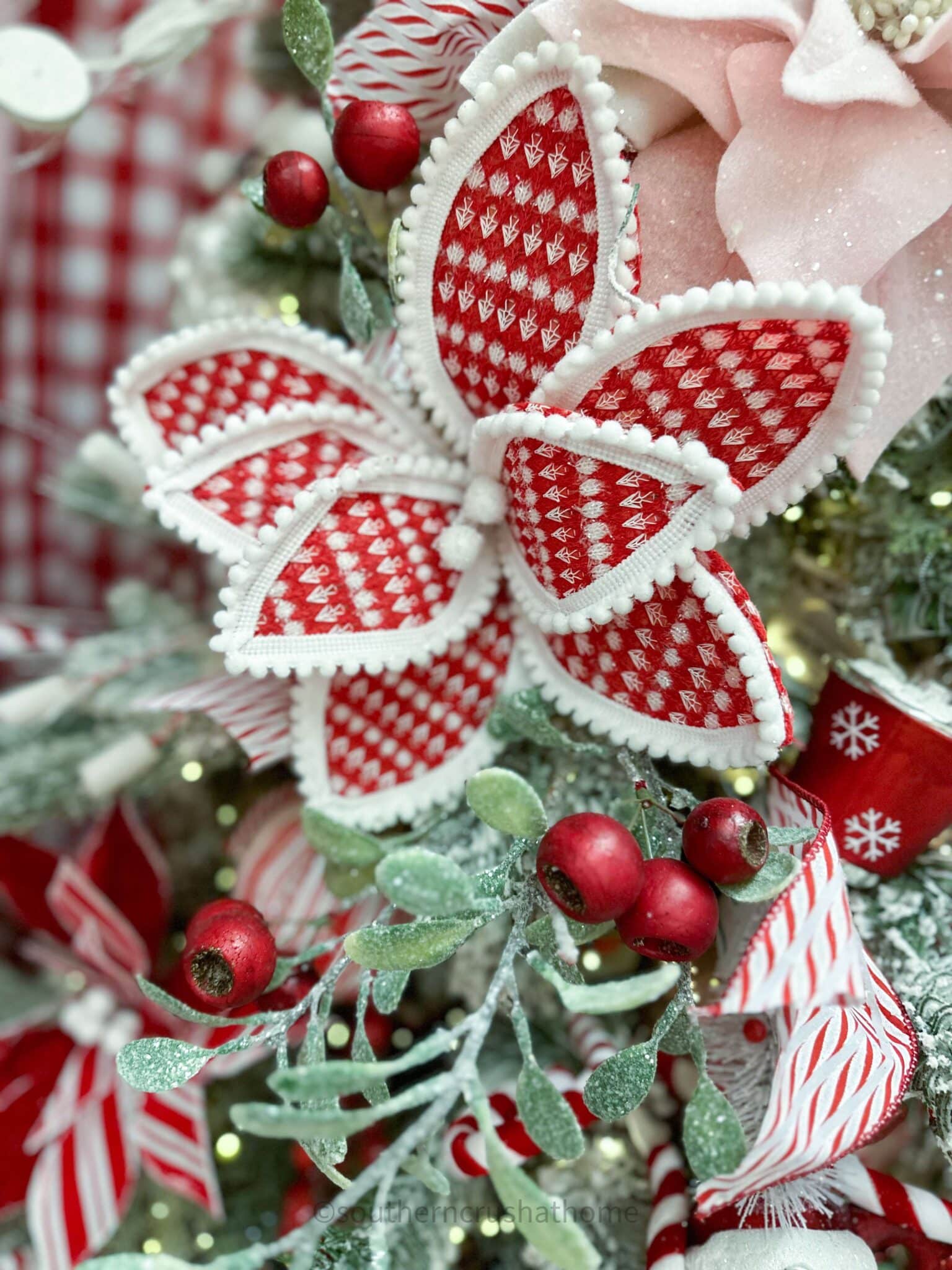 red and white check poinsettia