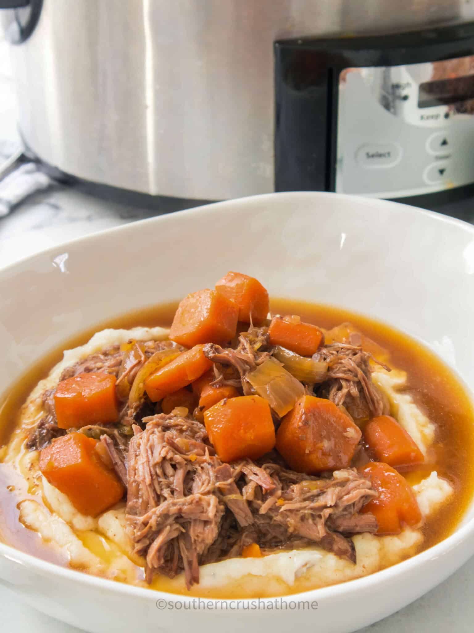 pot roast with carrots in bowl