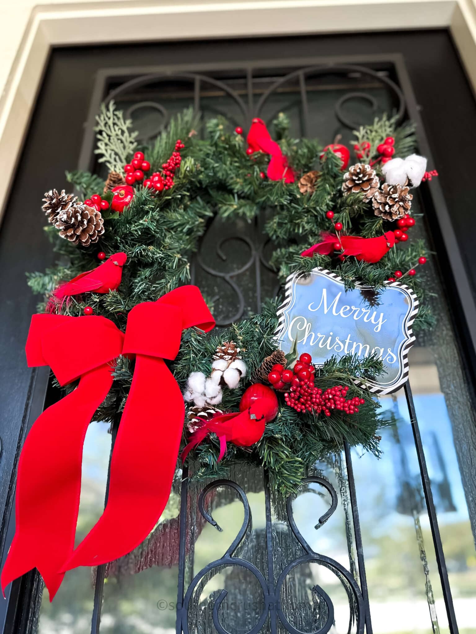 upward view of christmas wreath