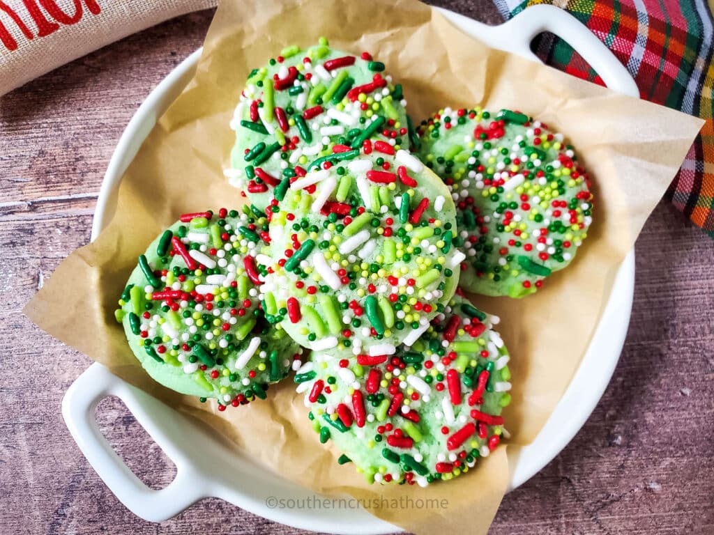 Christmas Cake Mix Cookies in a dish with parchment paper