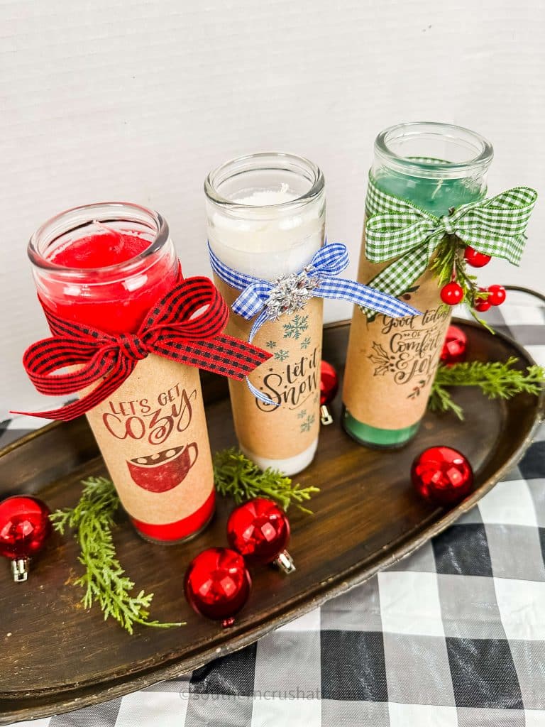 top view of dollar tree pillar candles on tray