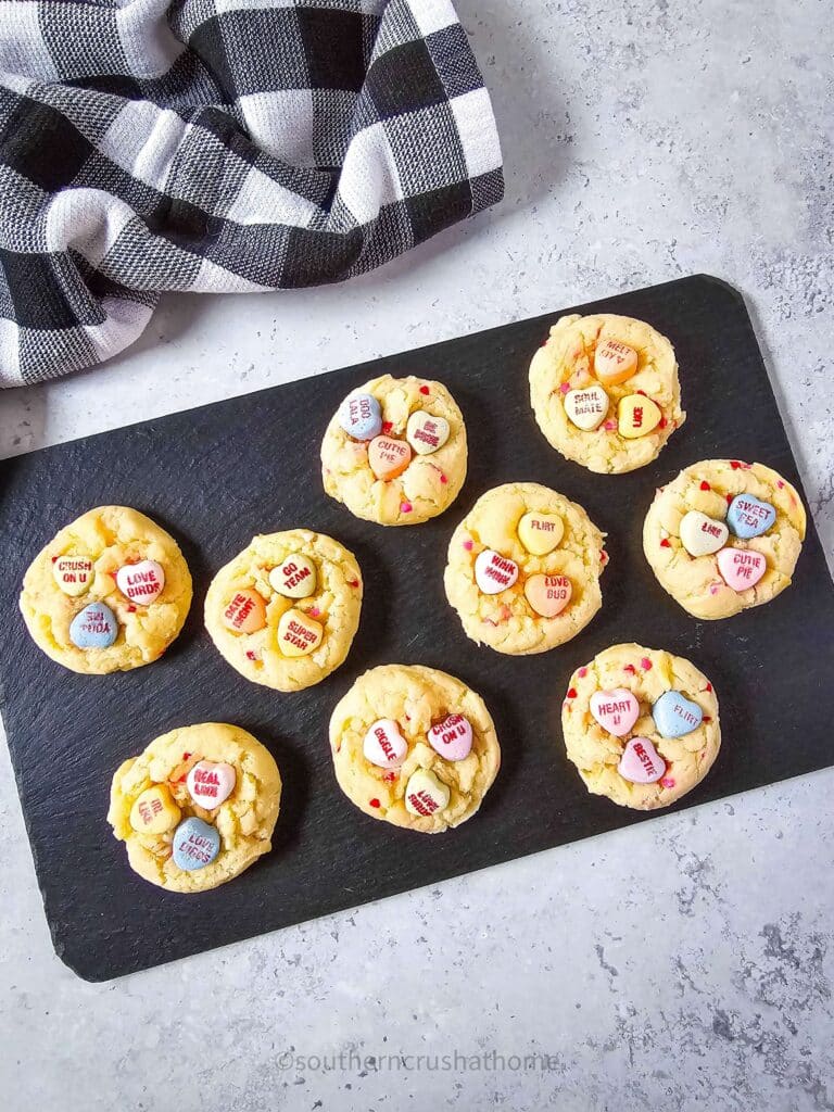 overhead view of Conversation Hearts Valentine Cookies