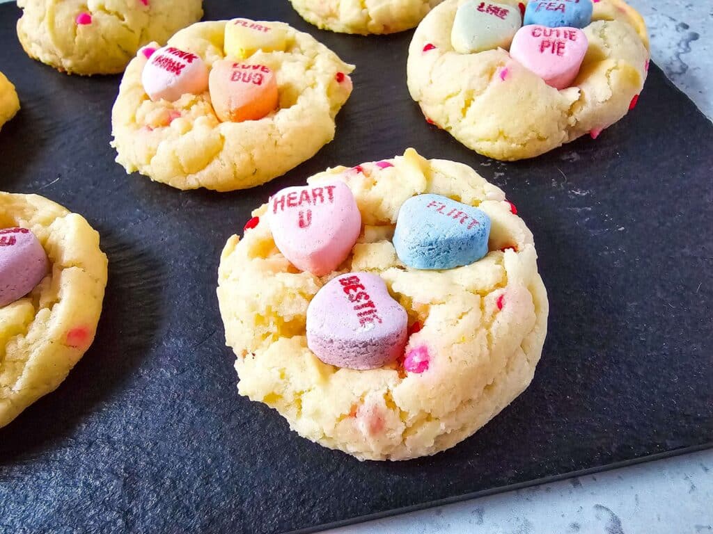 close up Conversation Hearts Valentine Cookies