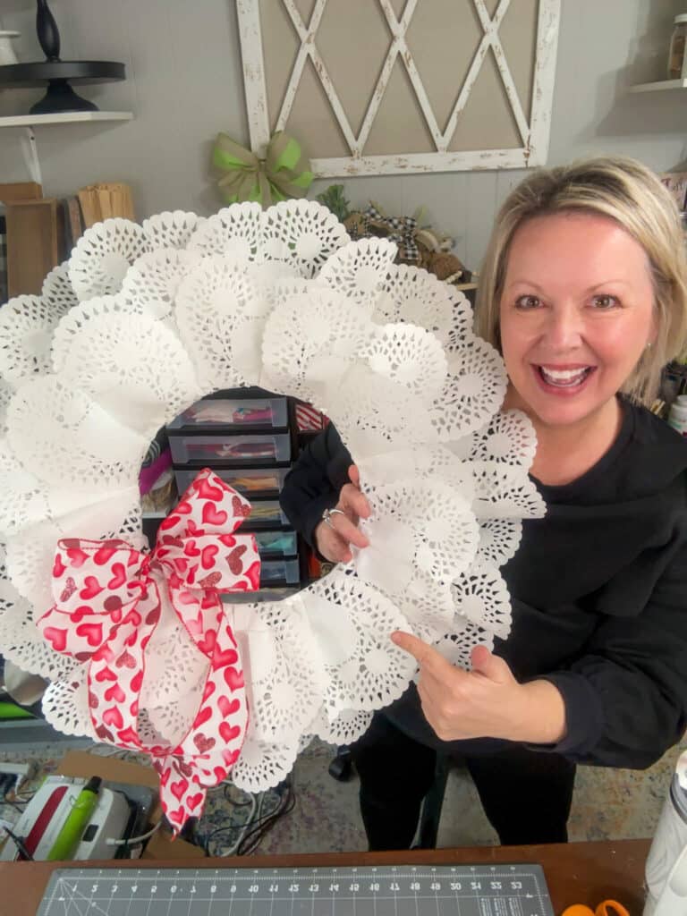 Melanie holding Doily Wreath