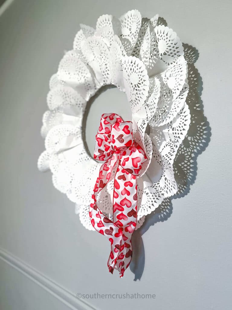 side view of Valentines Wreath with Doilies
