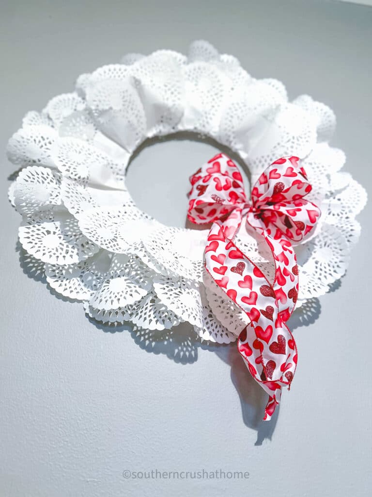 looking up view of Valentines Wreath with Doilies