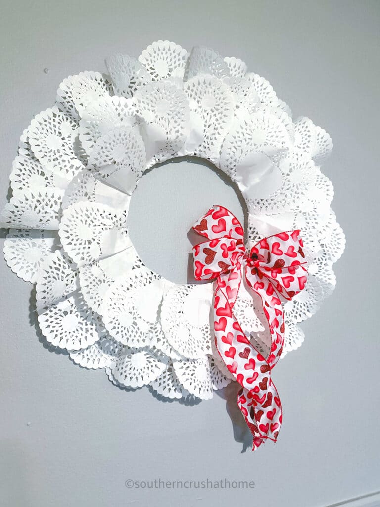 front view of Valentines Wreath with Doilies