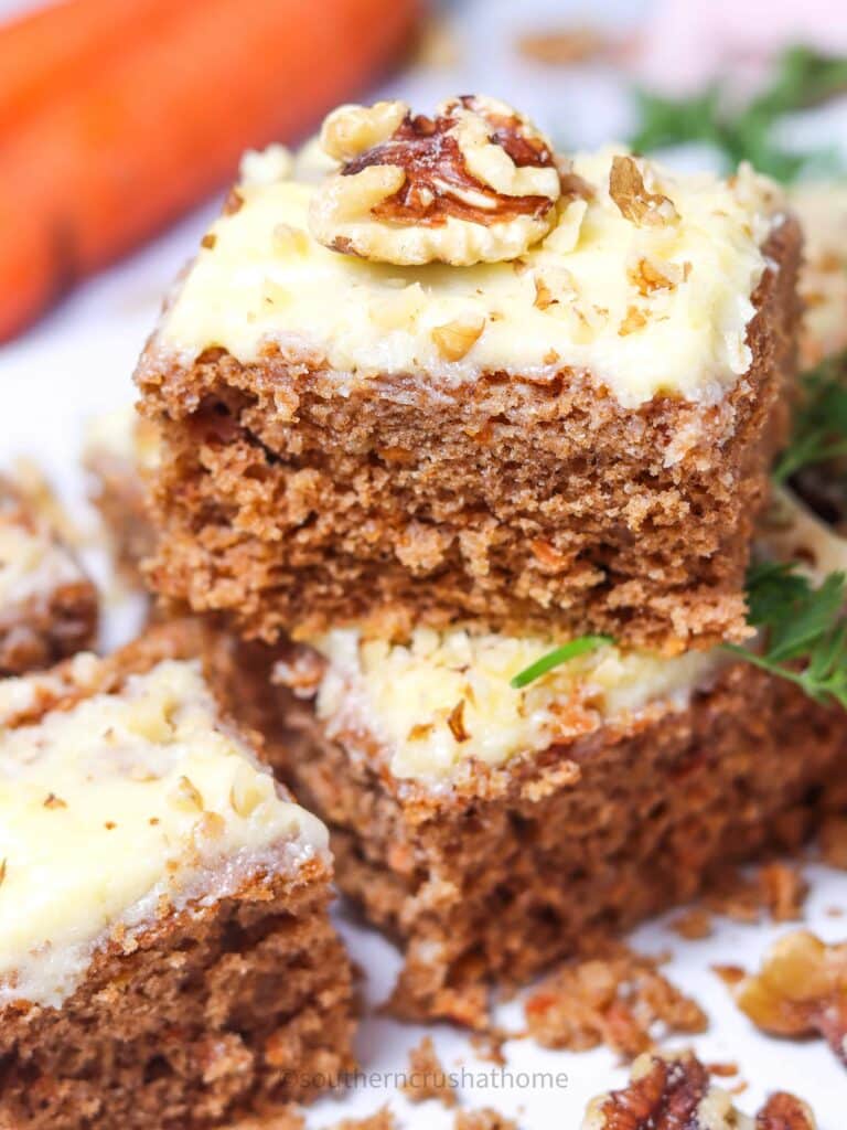 close up image of cut carrot cake