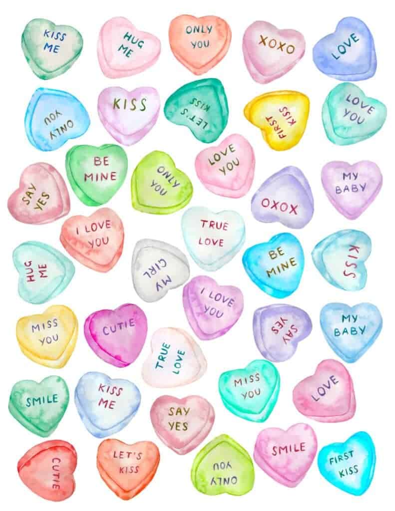 Watercolor Conversation Hearts Printable
