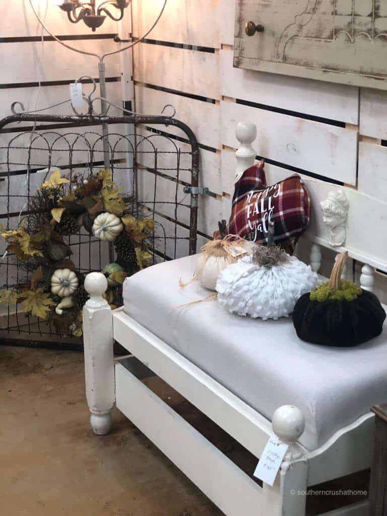 white bench with pumpkins