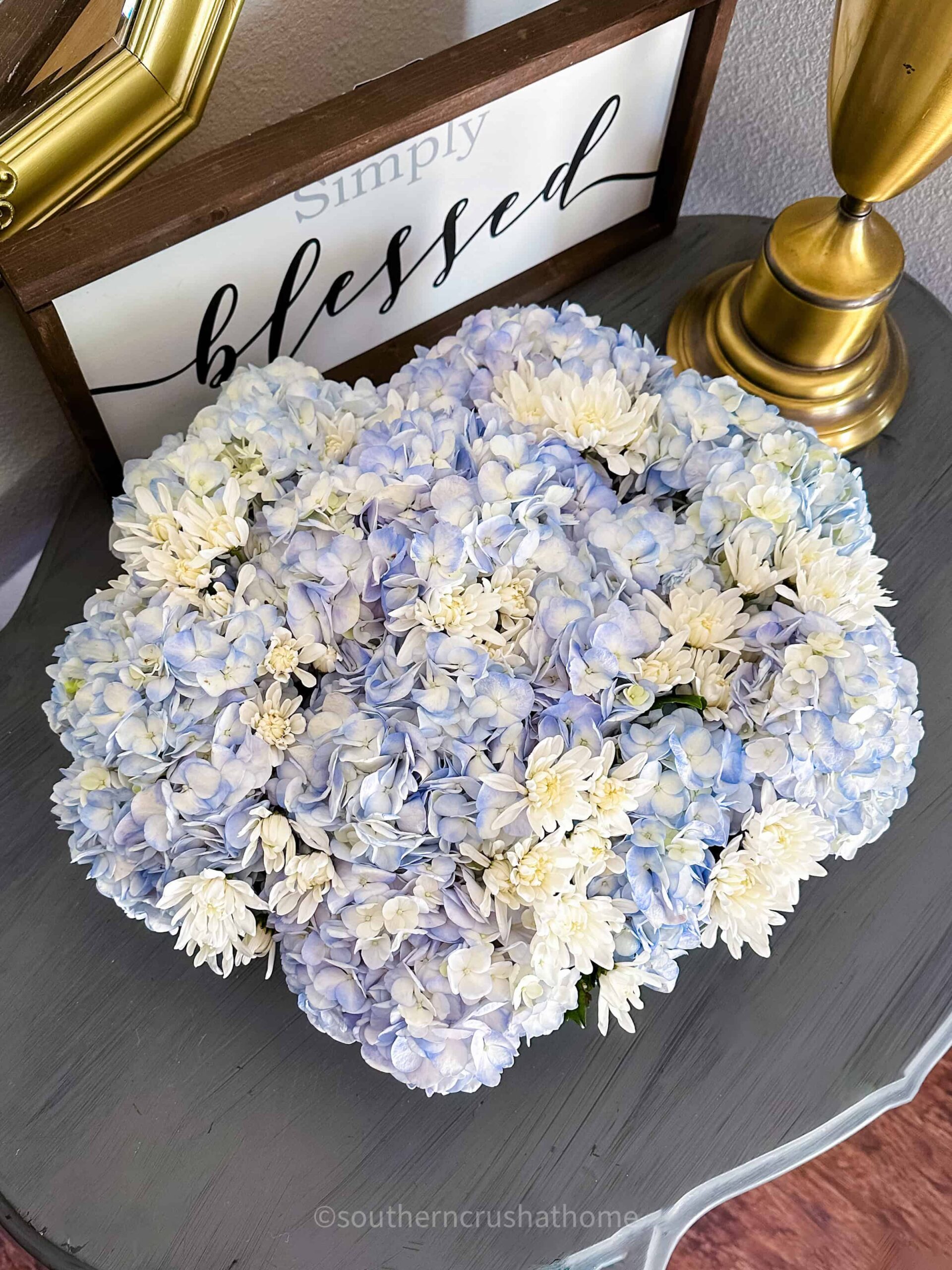 hydrangea arrangement in a bowl
