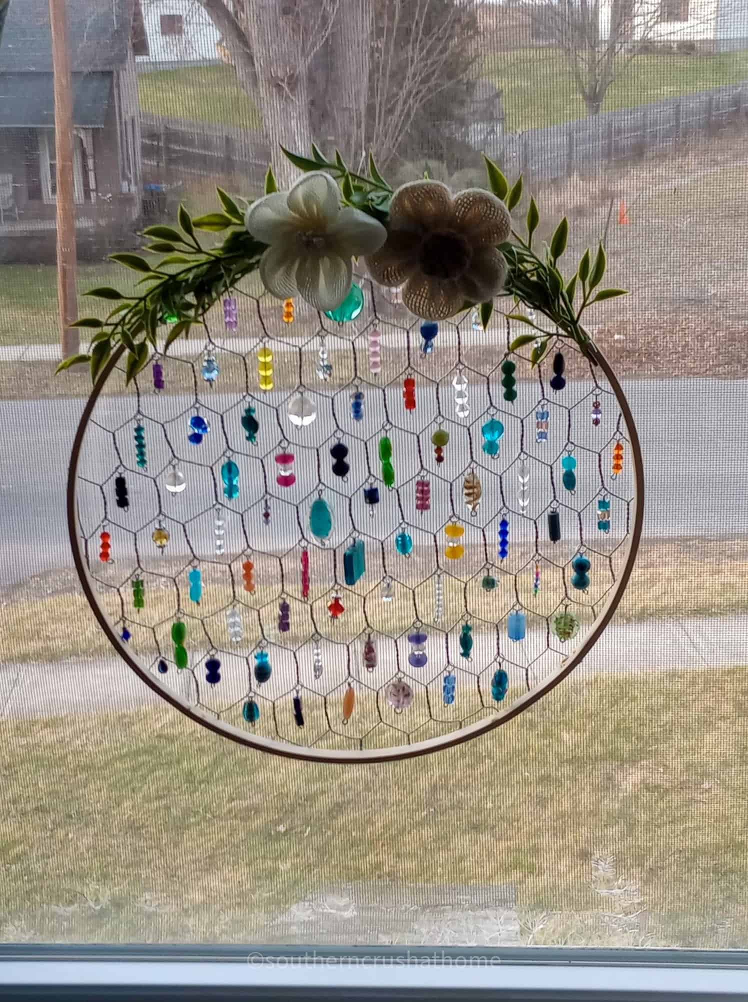 embroidery hoop sun catcher with greenery