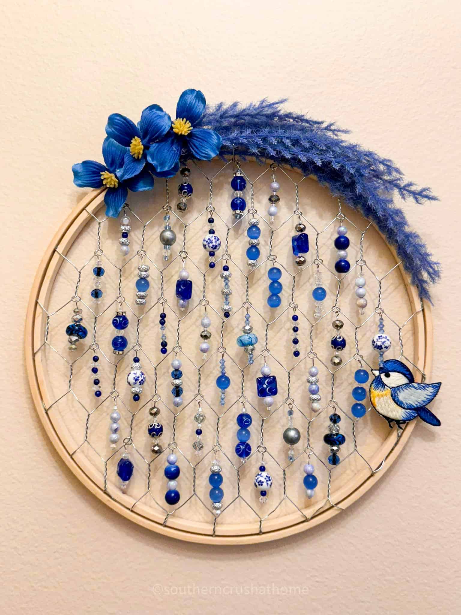 blue sun catcher with embroidery hoop