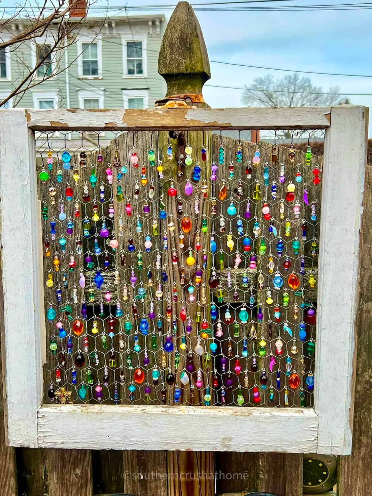 old window frame chicken wire sun catcher