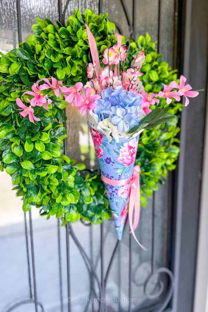 another view of wreath and may day bouquet