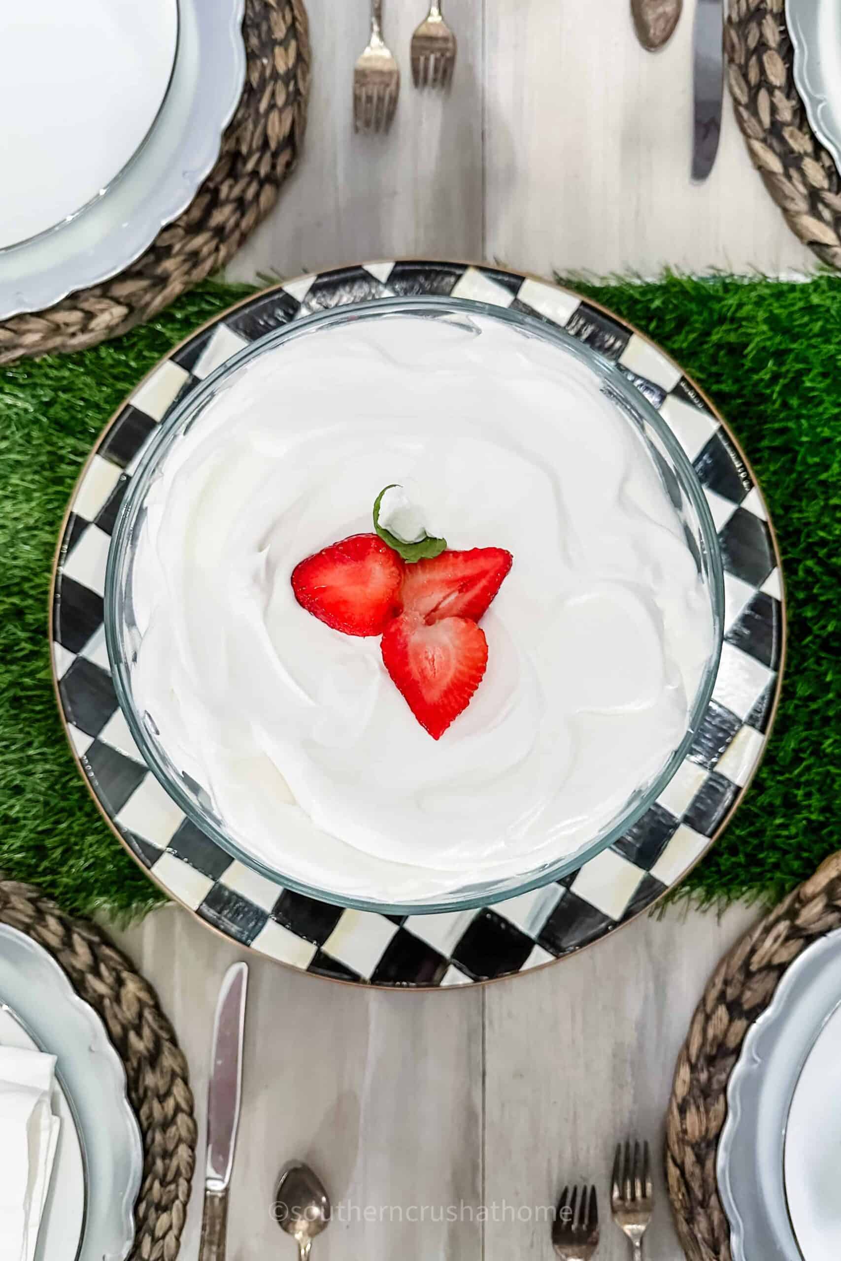 overhead view of blueberry strawberry trifle