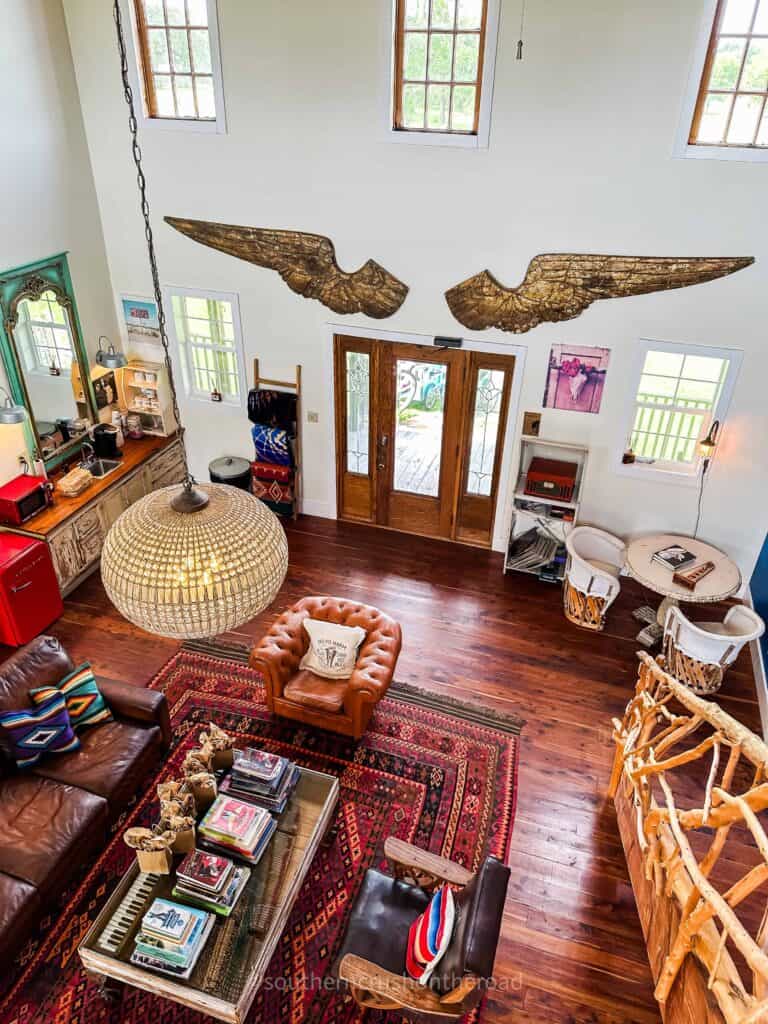 looking down into the living room at the star house