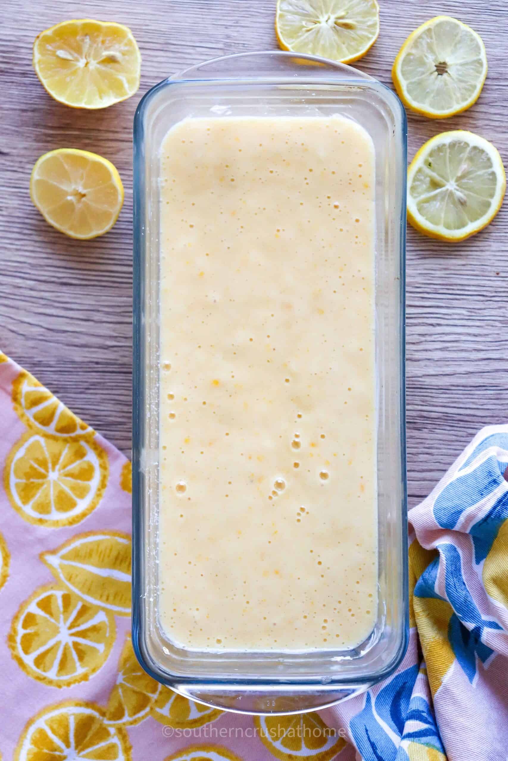 lemon loaf batter in loaf pan