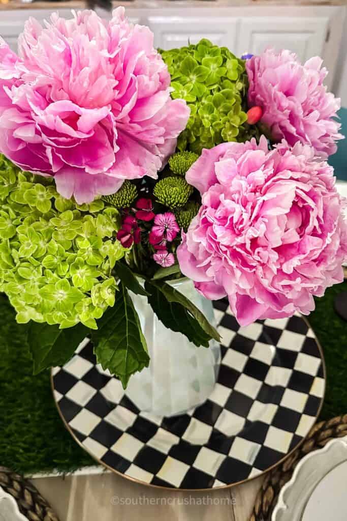 overhead view of peony flower arrangement