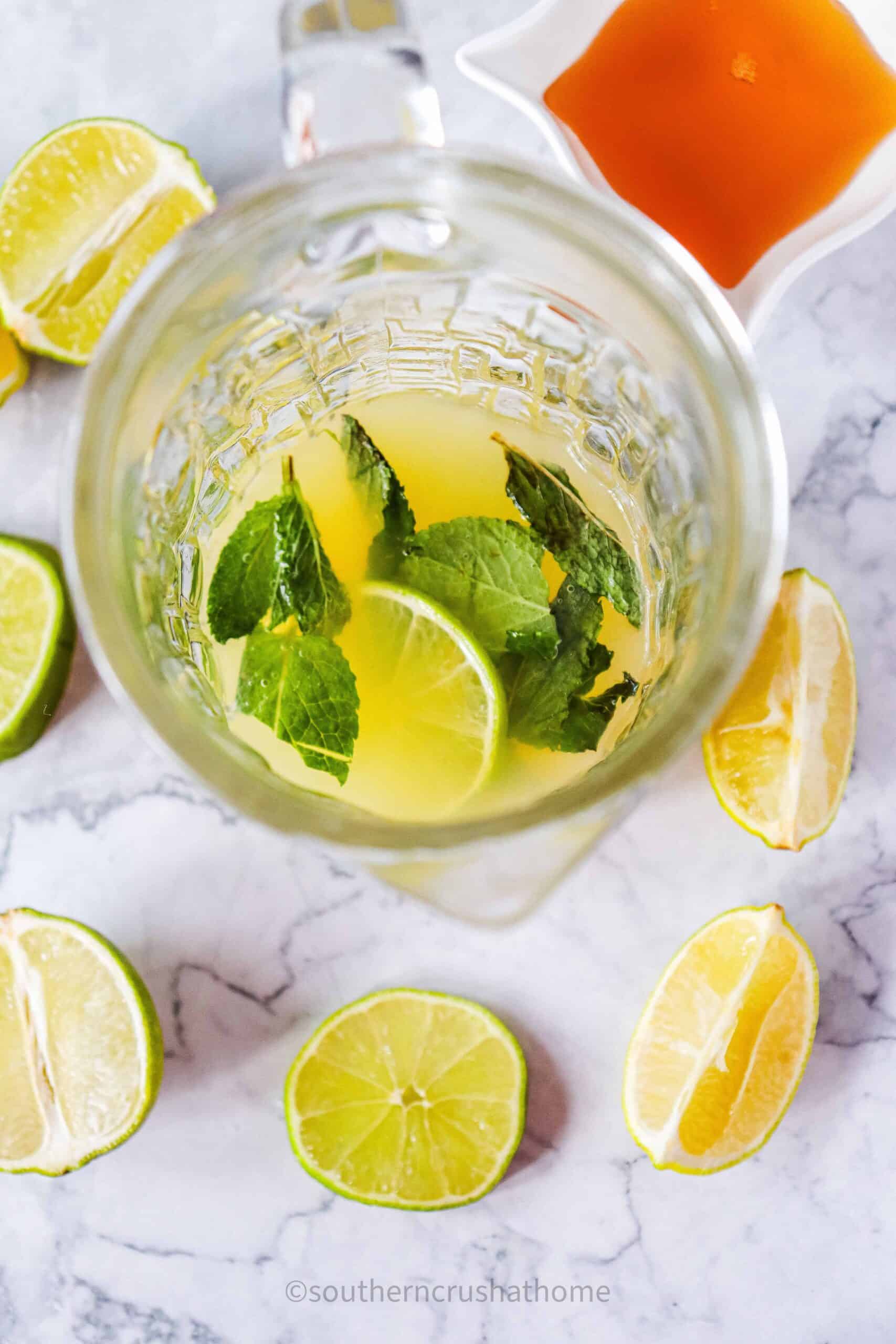 lemon mint mocktail ingredients read to muddle