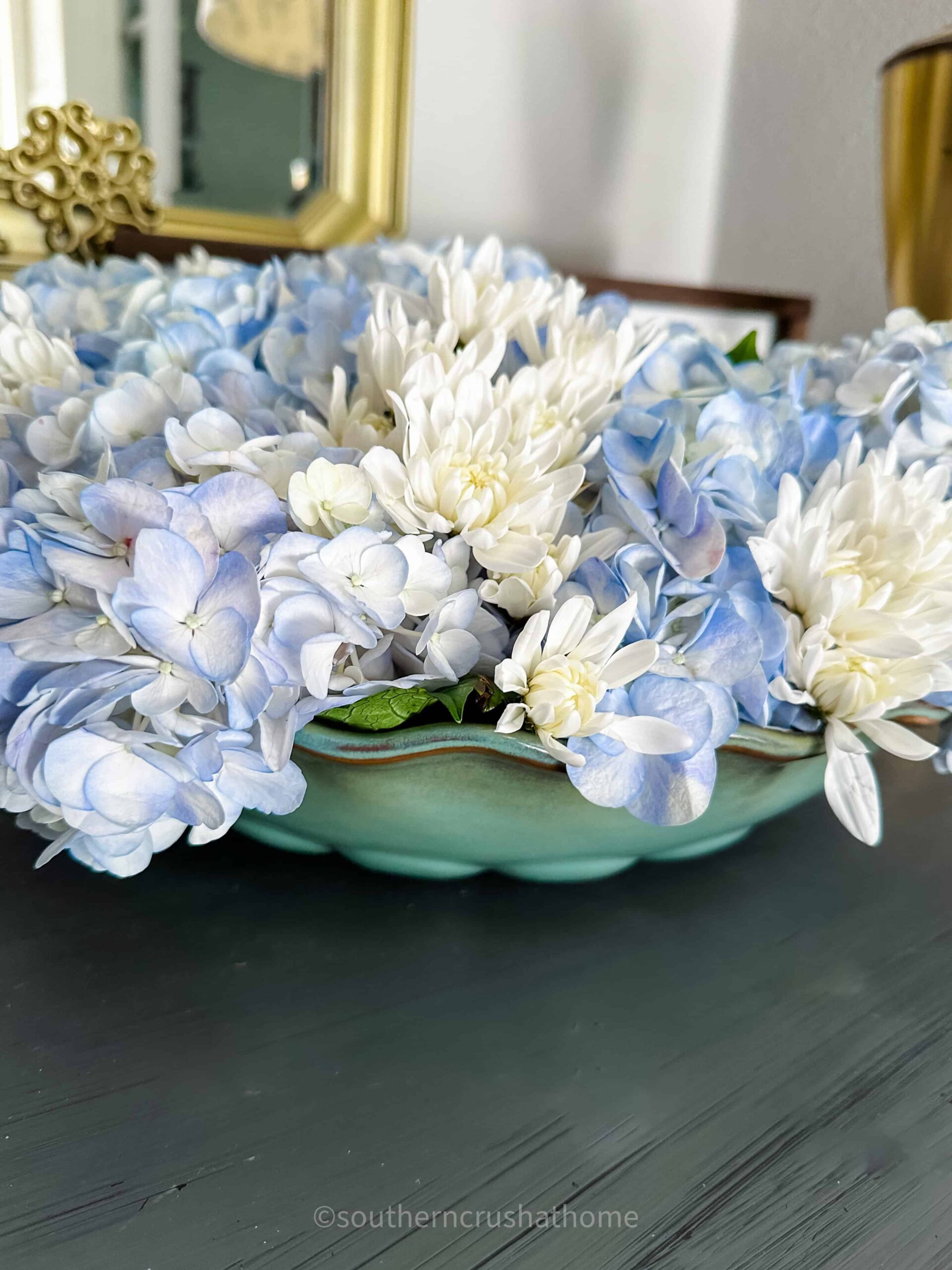 hydrangea arrangement in a bowl