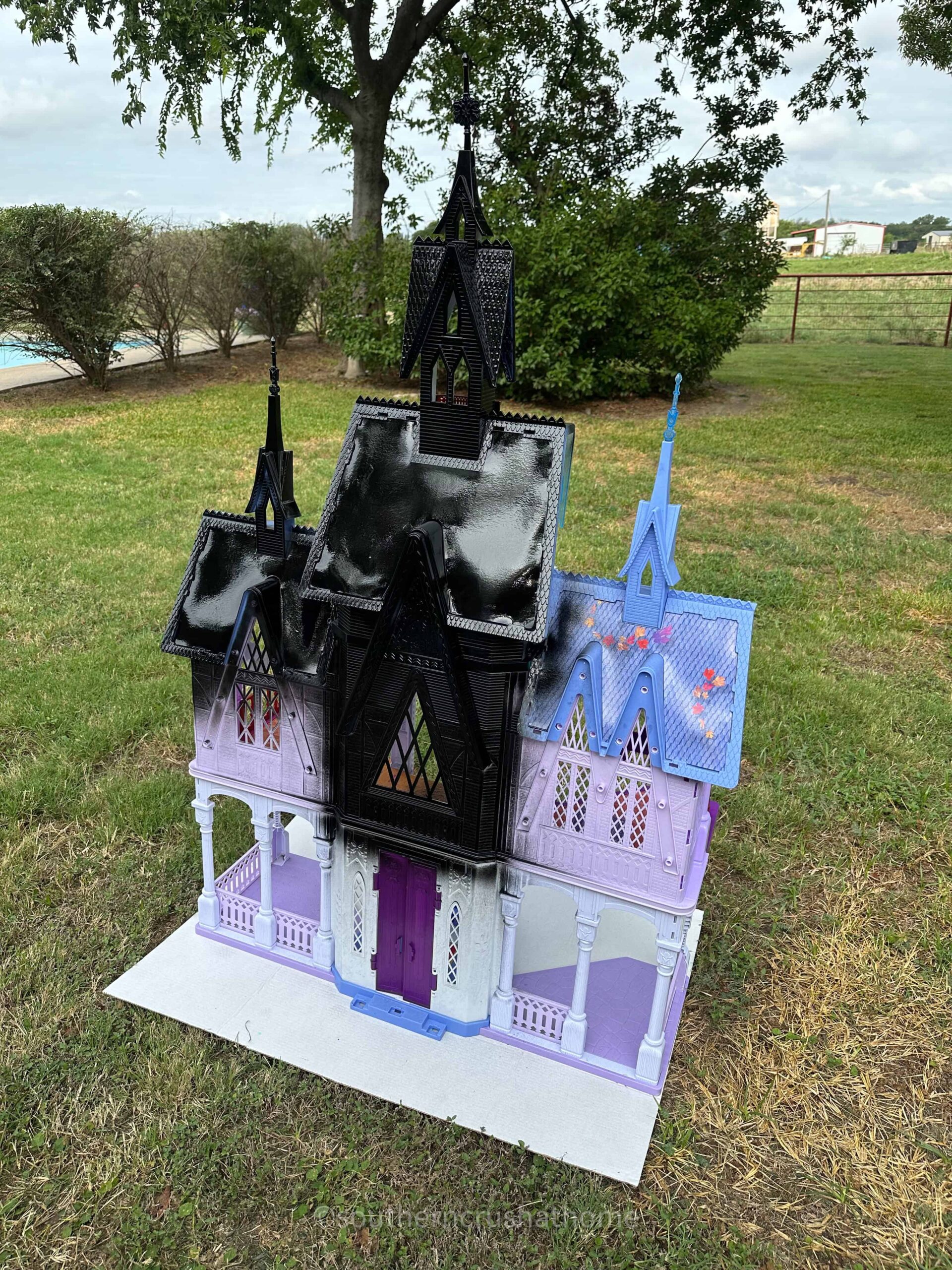 spray painting frozen castle doll house