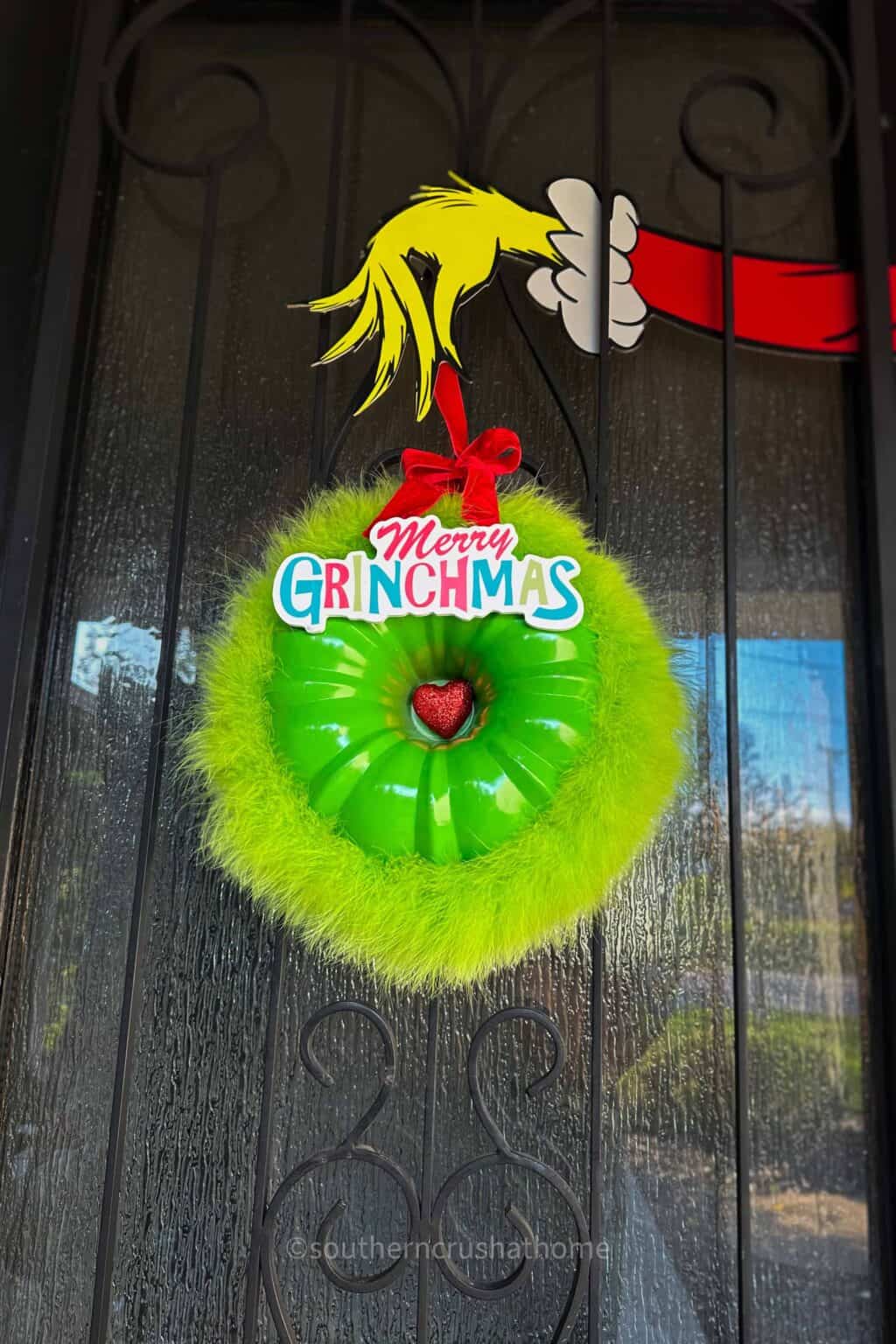 Easy Grinch Door Decoration with a Bundt Pan - Southern Crush at Home