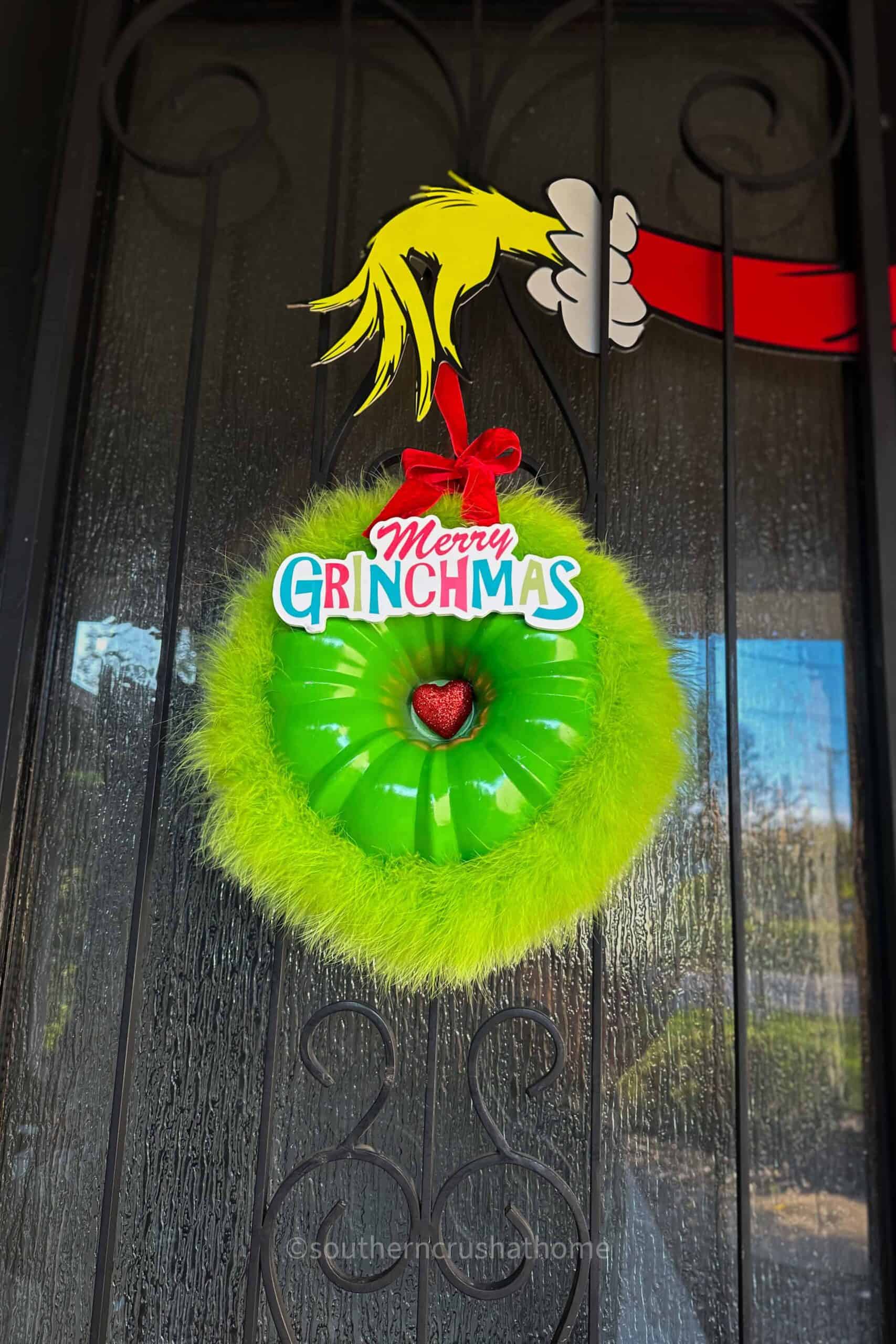 Easy Grinch Door Decoration with a Bundt Pan - Southern Crush at Home