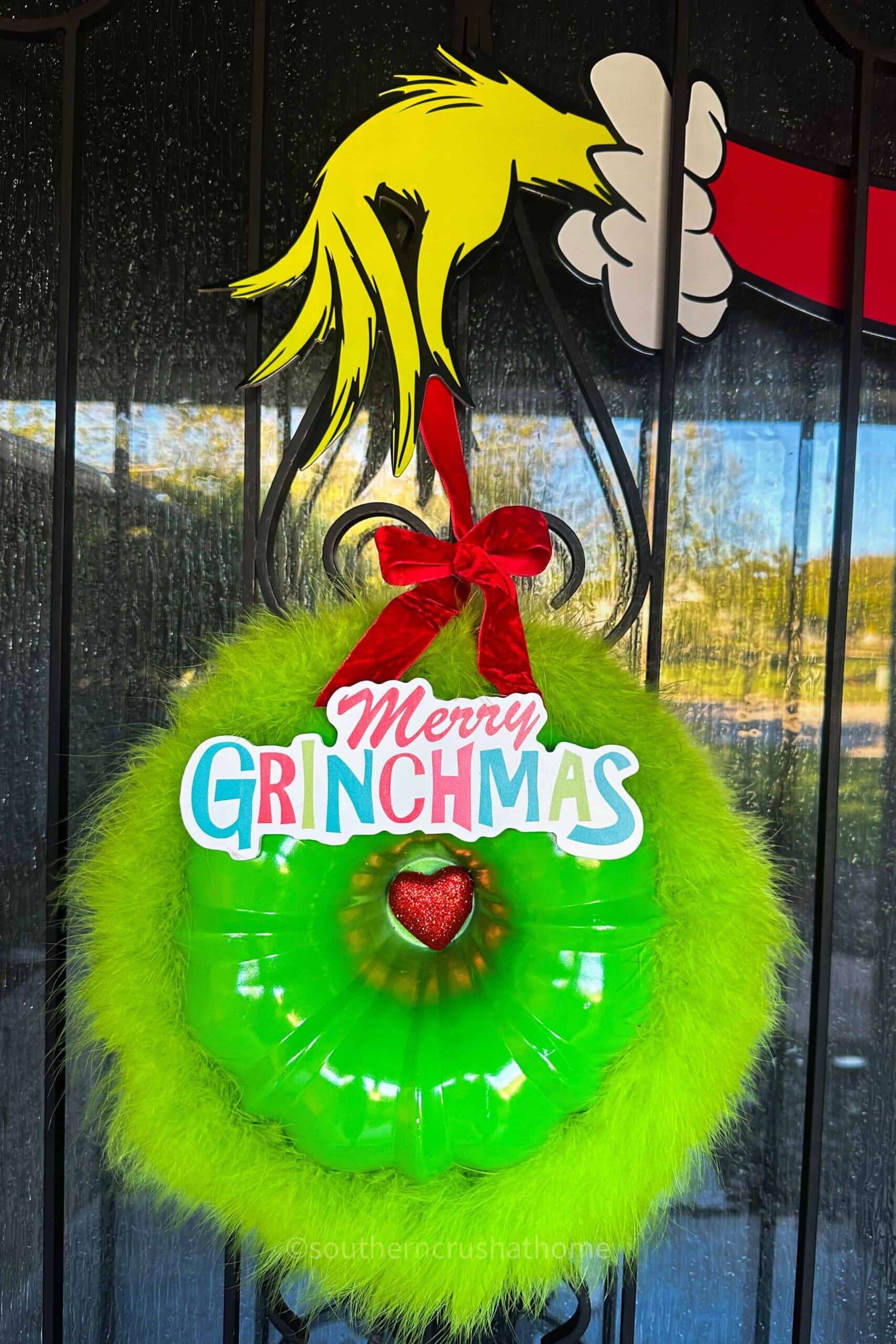 Easy Grinch Door Decoration with a Bundt Pan - Southern Crush at Home