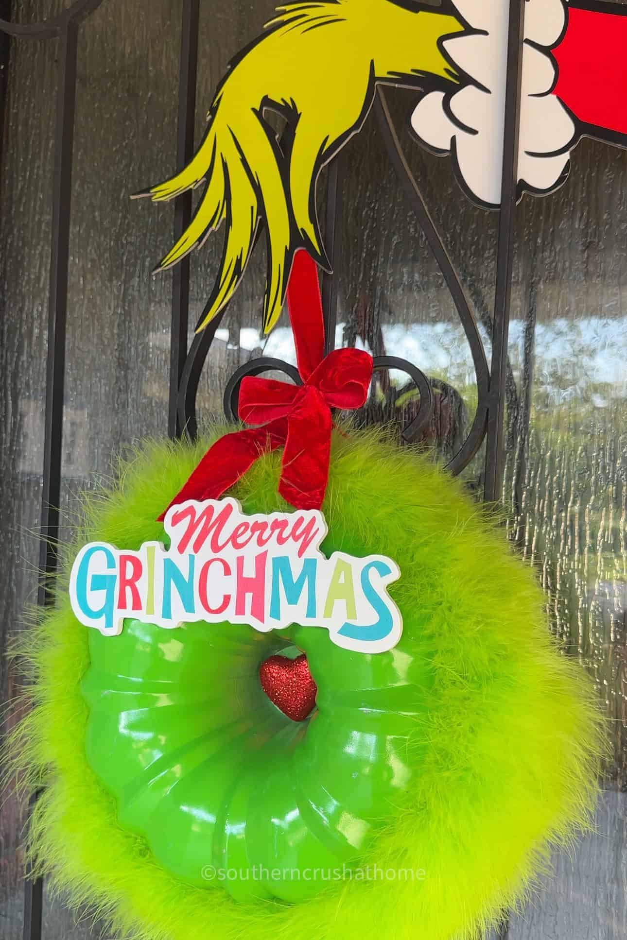 Easy Grinch Door Decoration with a Bundt Pan - Southern Crush at Home