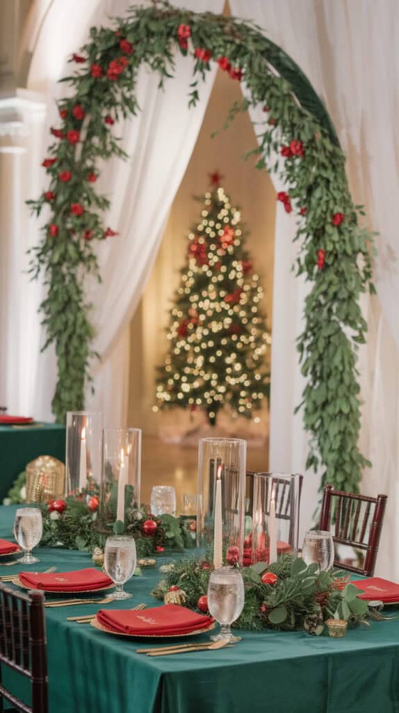 A festive dining table with green tablecloth, red napkins, candles, and a decorated Christmas tree in the background.