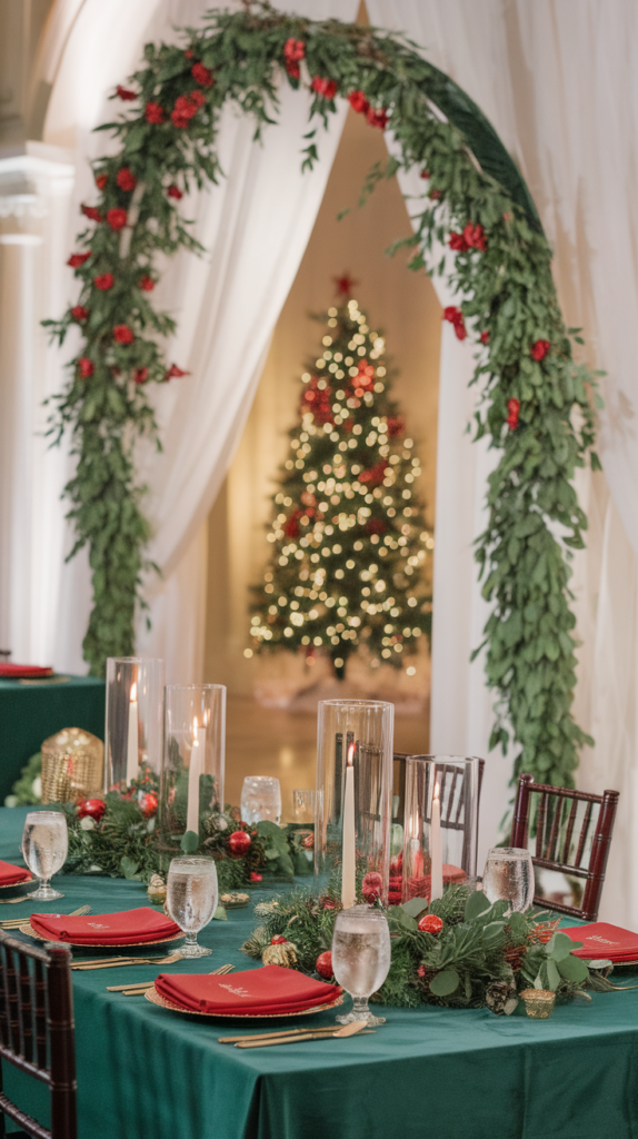 A festive dining table with green tablecloth, red napkins, candles, and a decorated Christmas tree in the background.