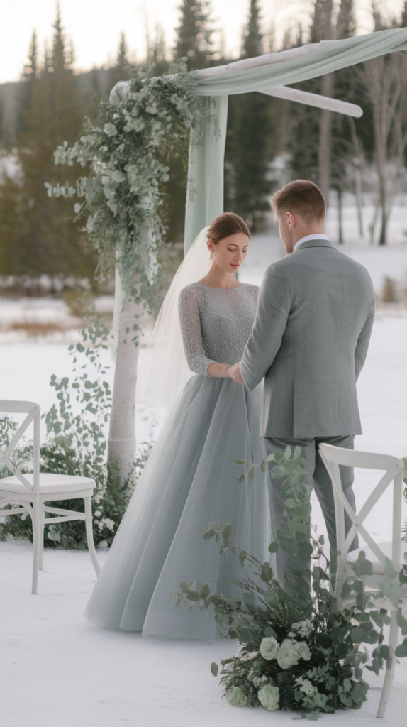 Couple in gray and sage attire during a serene winter wedding ceremony