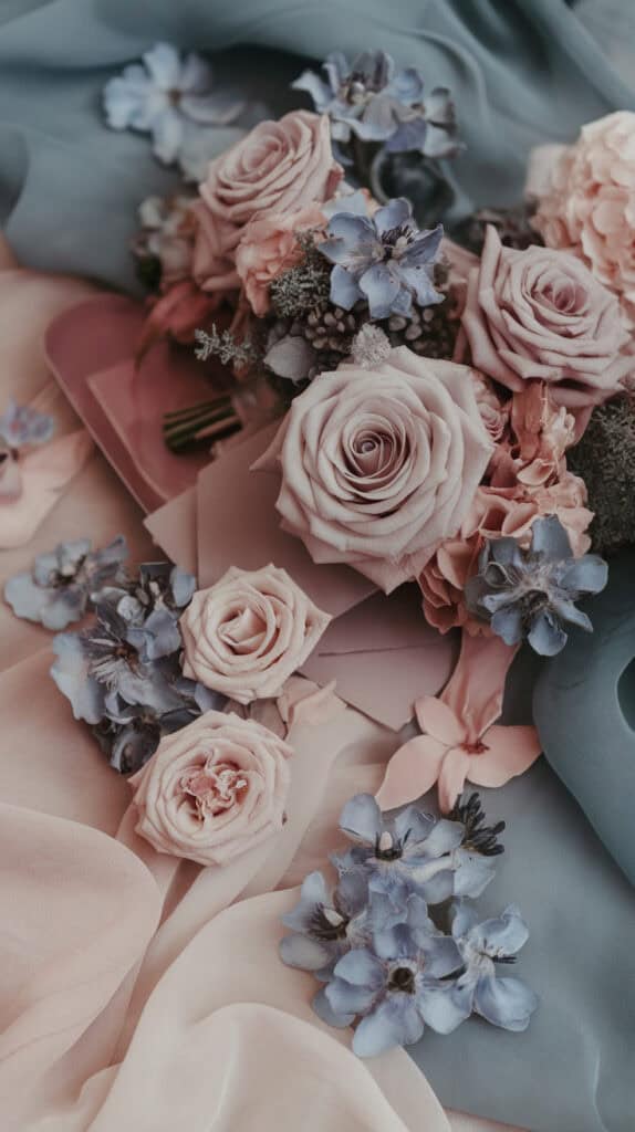 A beautiful arrangement of dusty blue and blush flowers on soft fabrics.