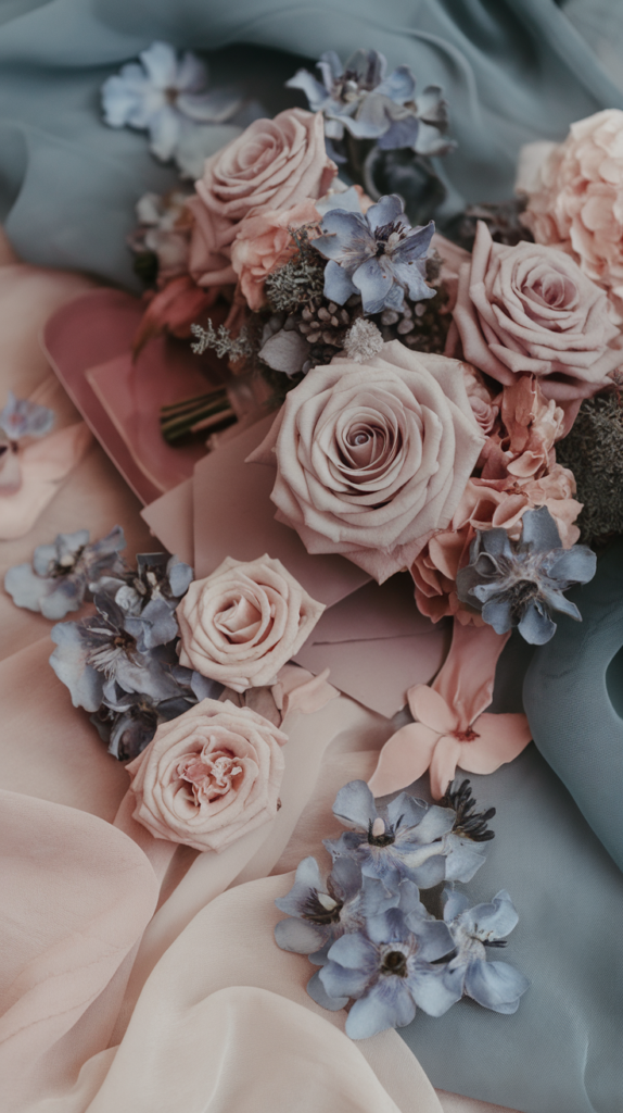 A beautiful arrangement of dusty blue and blush flowers on soft fabrics.
