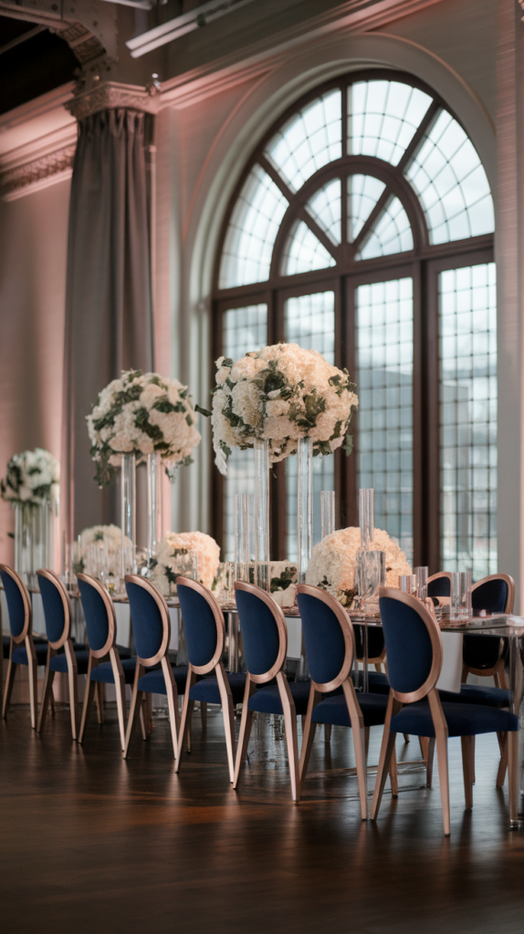 navy blue and rose gold winter wedding colors
