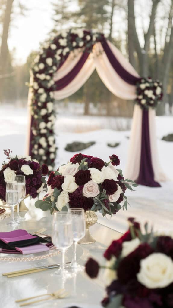 An elegant outdoor wedding setup featuring a rich plum and ivory color scheme with floral arrangements and a beautifully decorated arch.
